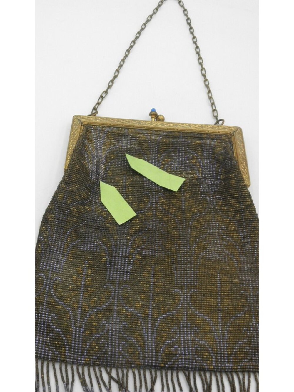 Vintage Antique Micro Beaded Purse Art Deco Evening Bag Gold Blue with Fringe - Picture 4 of 14